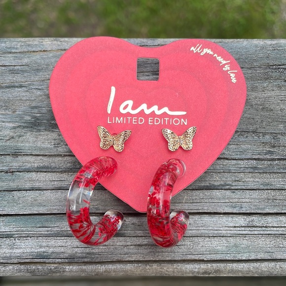 ⚜️I AM Gold Butterfly Studs & Acrylic Real Red Flower Half Hoop Earrings! NWT! - Picture 1 of 3